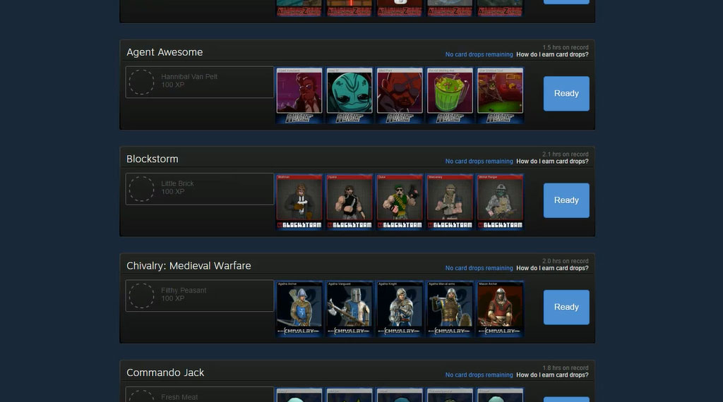 The Badges page reflects both your Steam trading card sets and your crafted badges. (SOURCE: Valve Corporation.)